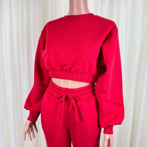 Zenana 2 Pcs Crop Sweatshirt Tracksuit High Waist Jogger Set Active Lounge Red - Picture 8 of 10